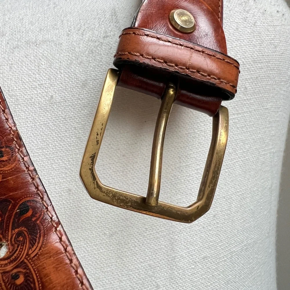 Vintage Ermenegildo Zegna Tooled Leather Belt Brown Womens Gold Buckle Cognac